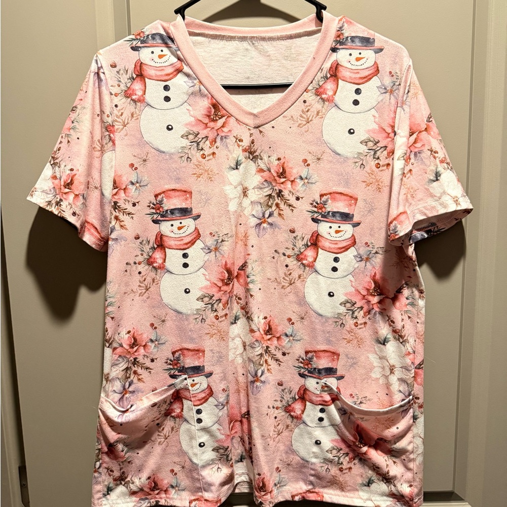Pink Snowman Print Scrub T-Shirt